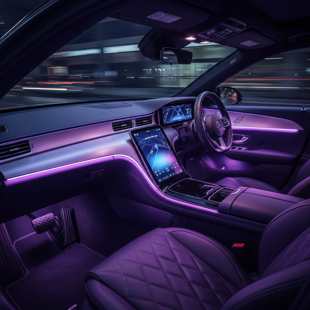 Interior de masina noaptea cu benzi LED ambientale colorate